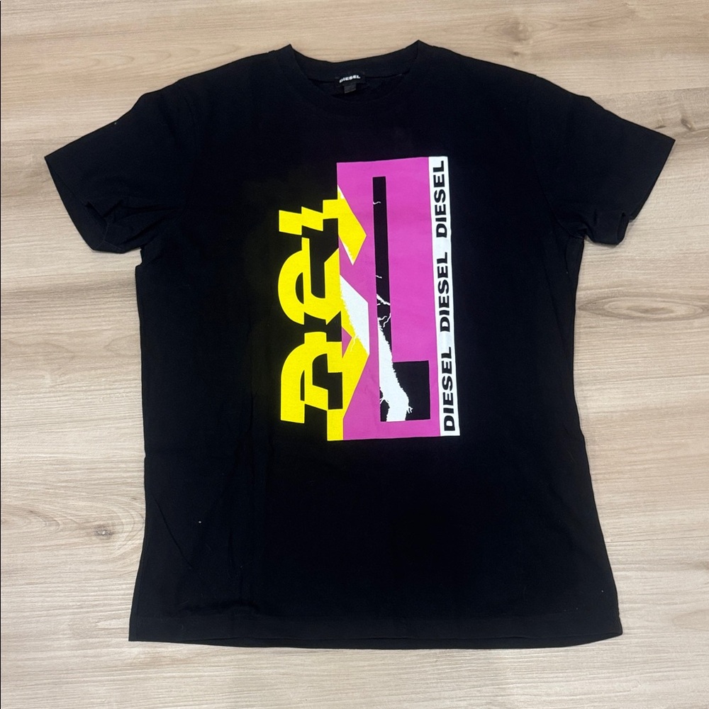Men’s Large Diesel Black TShirt with Yellow and Pink Graphic